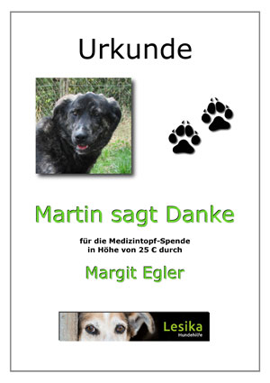 Urkunde Spende an Hund Martin
