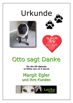 Urkunde Spende für Otto